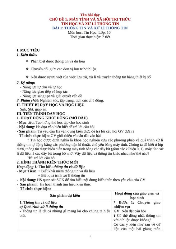 Giáo án (KHBD) Tin học 10 - Cả năm - Kết Nối Tri Thức